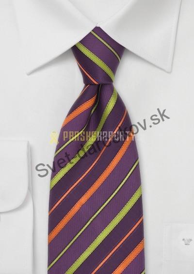 Capri fialová kravata so zeleno oranžovým pruhovaním