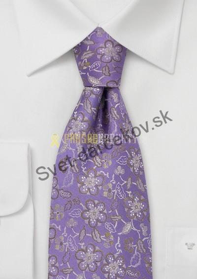 Bluten- fialová kravata s kvetovaním hnedej a šedej farby