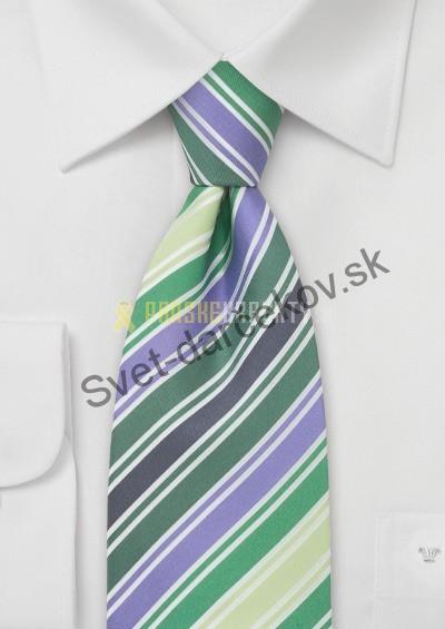 Rivoli zelená kravata s fialovými a bielymi pruhmi
