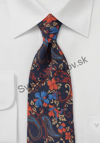 Dramatico hodvábna kravata tmavo modrej farby s tehlovým ornamentom