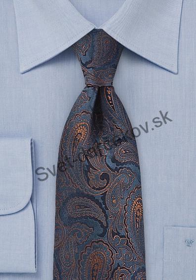 Cantabile tmavomodrá kravata s tehlovo hedným ornamentom 