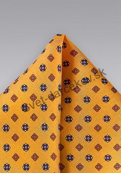 Hodvábna vreckovka do saka  oranžovo žltej farby so vzorom 