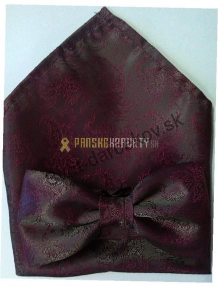 Motýlik s vreckovkou bordovej farby s ornamentom 