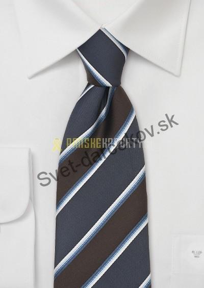 Lugano hnedo modrá kravata s bielo modrým pruhovaním