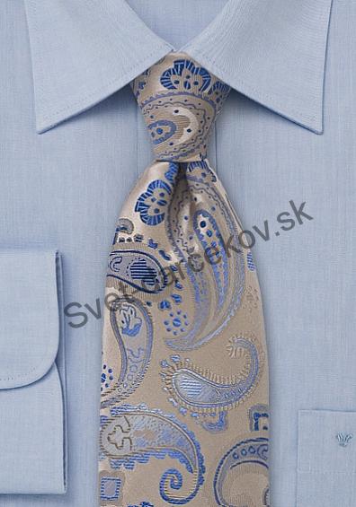 Paisley béžová kravata s elegantným modrým ornamentom
