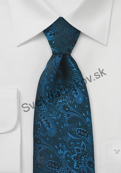 Ramages hodvábna kravata tmavo tyrkysovej farby s ornamentom