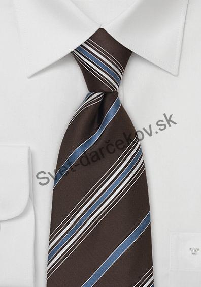 Monza tmavo hnedá kravata s modro bielym pruhovaním 