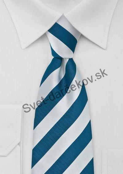 Calvia zeleno modrá kravata s bielym pruhovaním