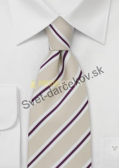 Vicenza béžová kravata s pruhovaním vo farbe baklažánu