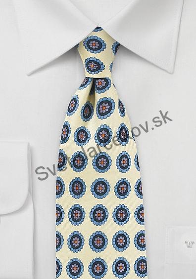 Carambole hodvábna kravata bledo žltej farby s modrým vzorom