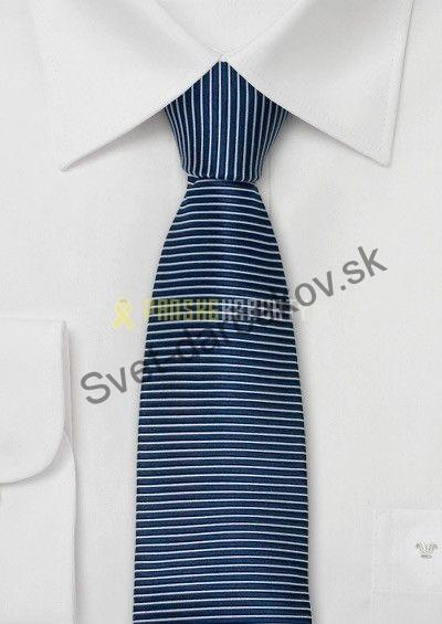 Rimini úzka Tmavo modrá kravata so strieborným pruhovaním