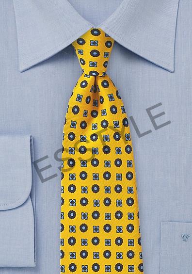 Blumerant hodvábna kravata žltej farby s modrým ornamentom