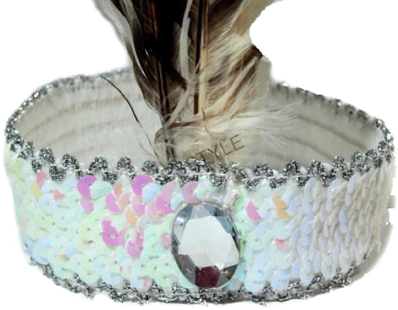 Karnevalová čelenka flitrová s perím - biela