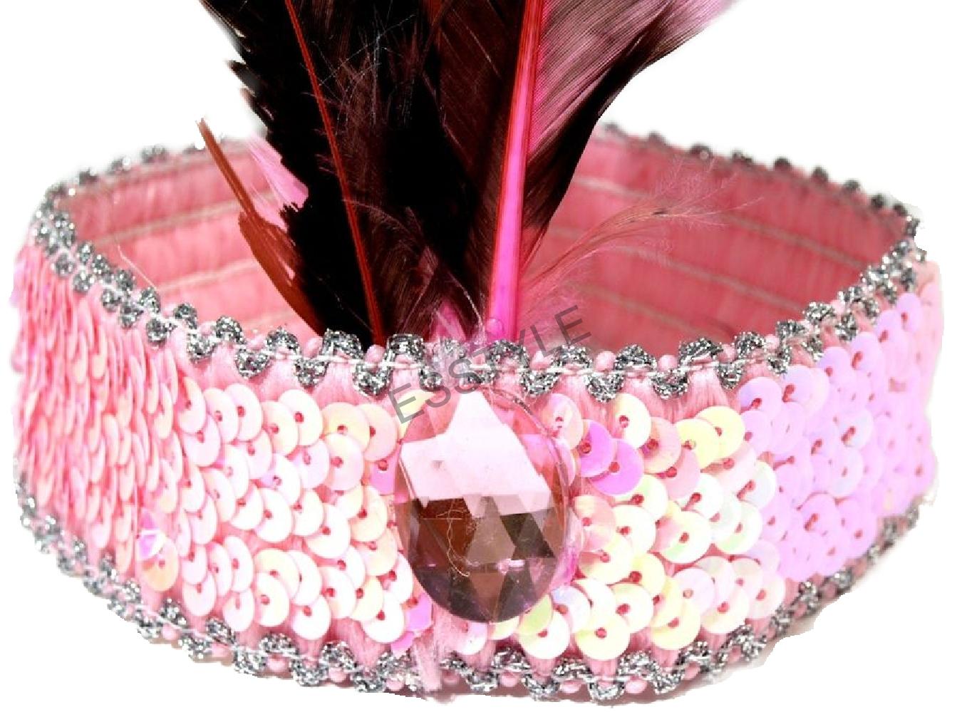 Karnevalová čelenka flitrová s perím - jemne ružová