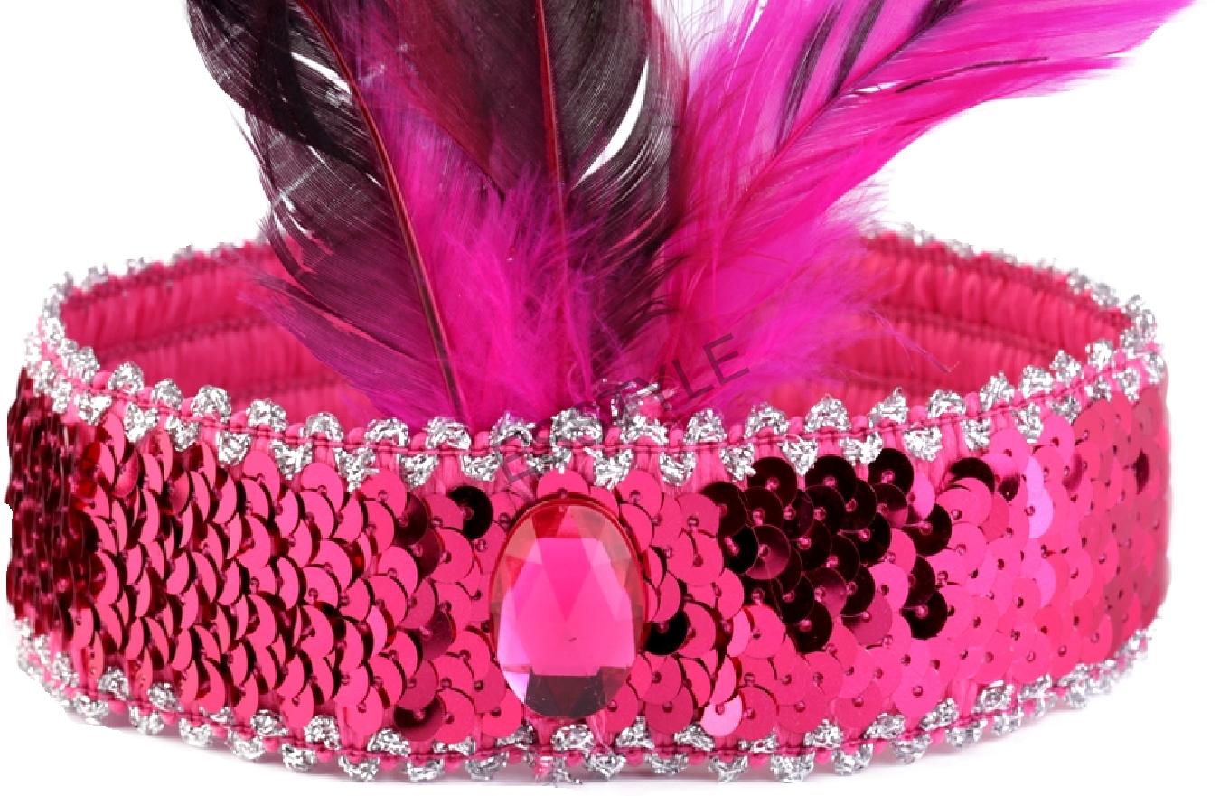 Karnevalová čelenka flitrová s perím - sýto ružová