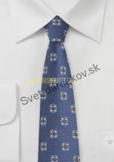 Blocked úzka hodvábna kravata modrej farby so vzorom