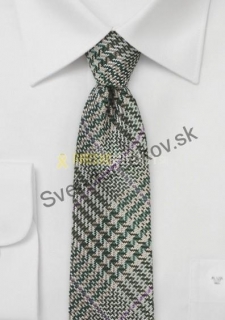 Rustic úzka hodvábna kravata šedo béžová so zeleným károm