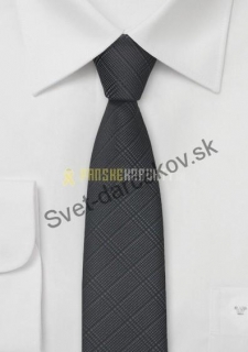 Úzka kravata tmavo šedej farby s károvaním