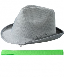 Letný klobúk šedej farby s limetkovo zeleným lemom 