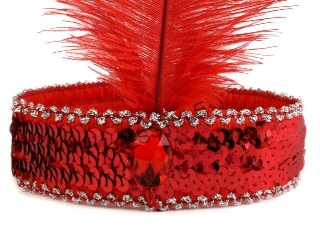 Karnevalová čelenka flitrová s perím retro - červená